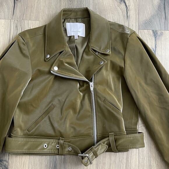 Cinq a Sept Palo Faux Leather Biker Moto Jacket Size Small Olive Green Cropped - Picture 5 of 12
